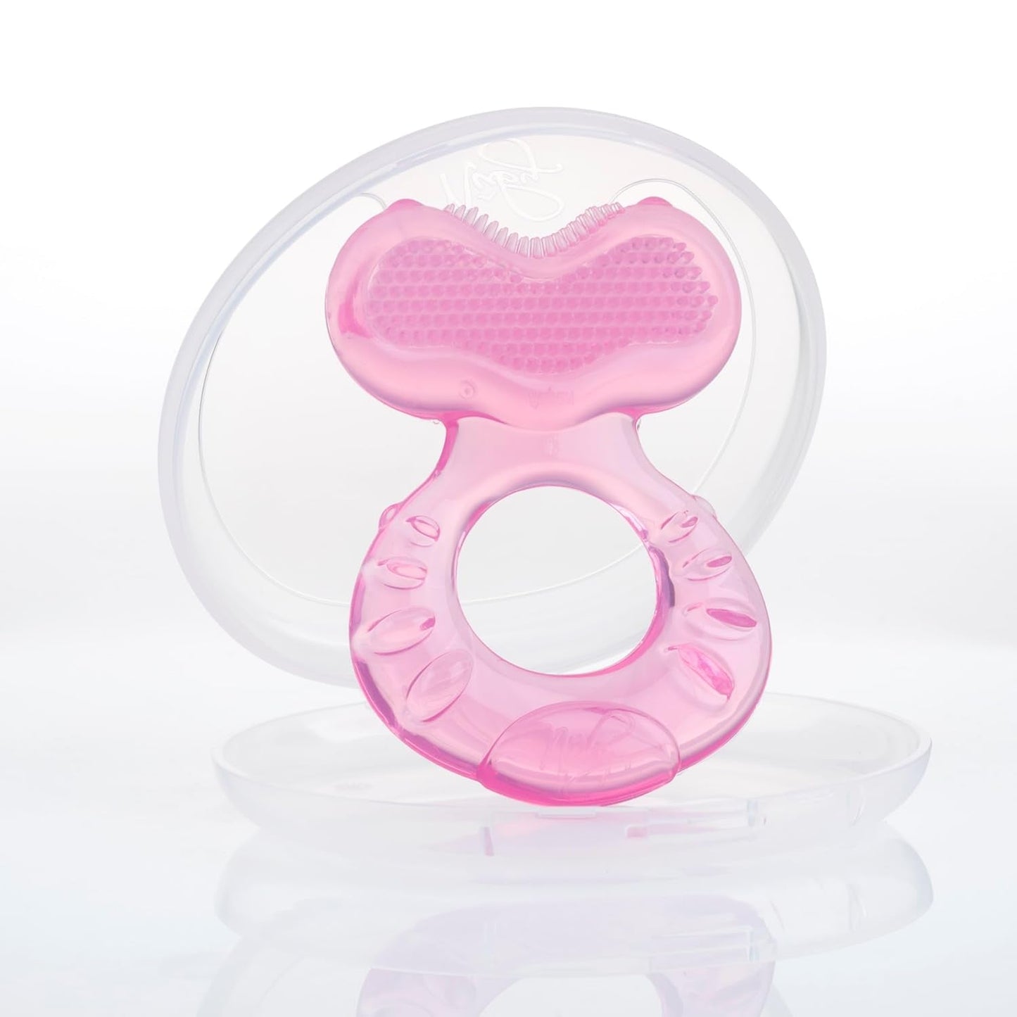 Nuby Teethe-eez Beißring aus weichem Silikon | Zahnungshilfe aus Silikon mit strukturierter Oberfläche zum Massieren des Zahnfleisches | Inklusive Hygienebezug | Rosa | Ab 3 Monaten