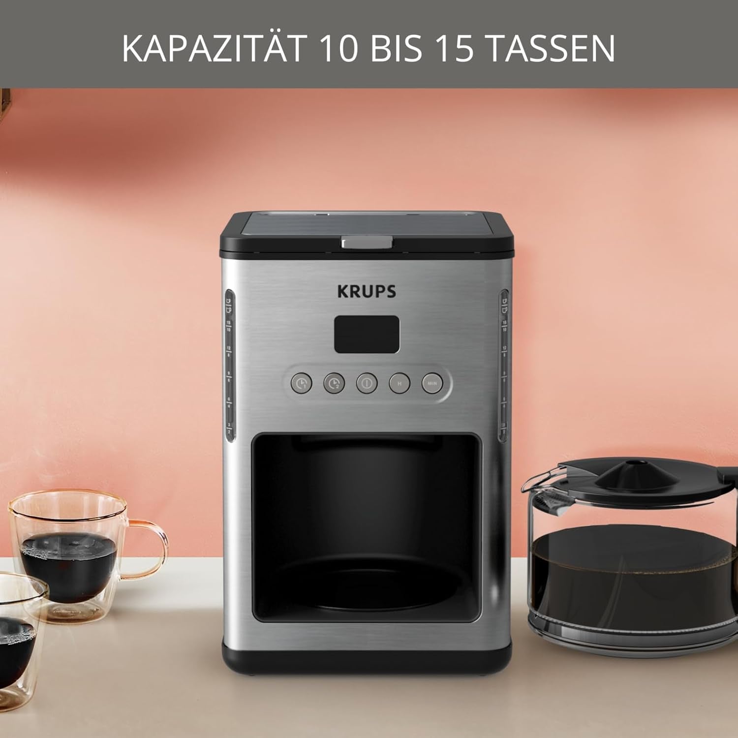 Kaffee-Espressomaschine mit Filter Krups KM442D Premium | 10-15 Tassen | 1000 Watt | programmierbar | Warmhaltefunktion | Edelstahl | Schwarz