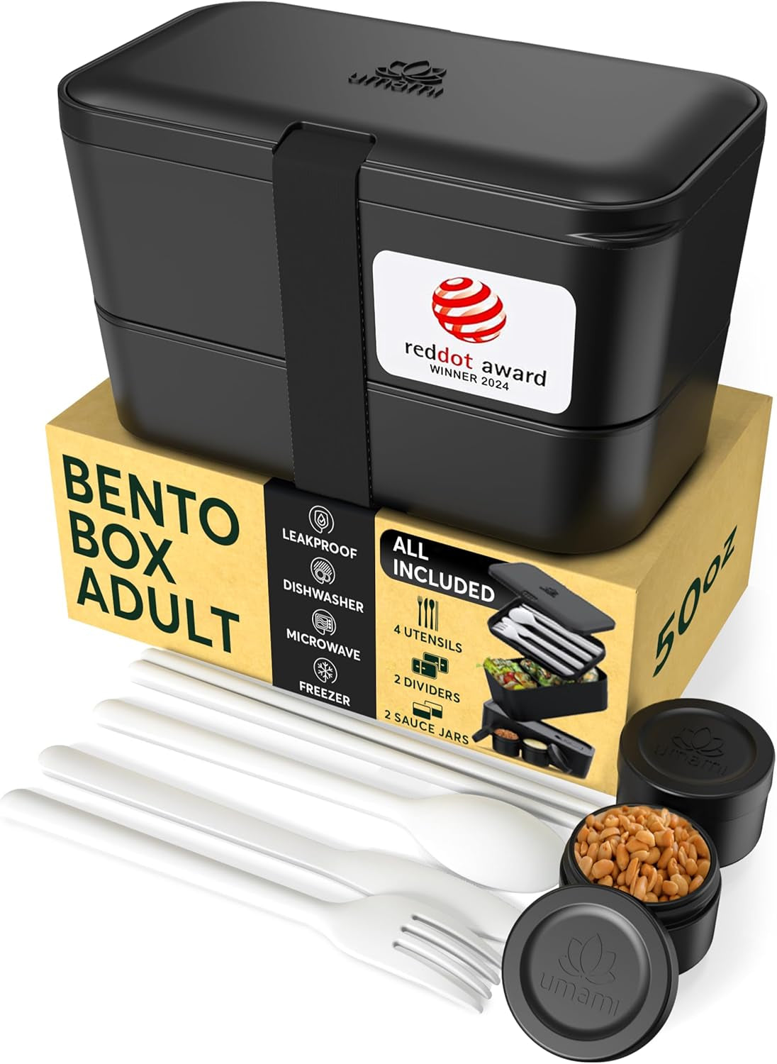 Umami Lunchbox für Erwachsene, 4 Besteckteile und Fächer, auslaufsichere stapelbare Bento-Box, Lunchbox für Erwachsene, To-go-Salatbehälter, Picknick-/Büro-Lunchbox, Anthrazitgrau, 1500 ml. Naty Shop Onix Black Frischhalteboxen – 1500 ml L – 1500 ml ineinander stapelbar