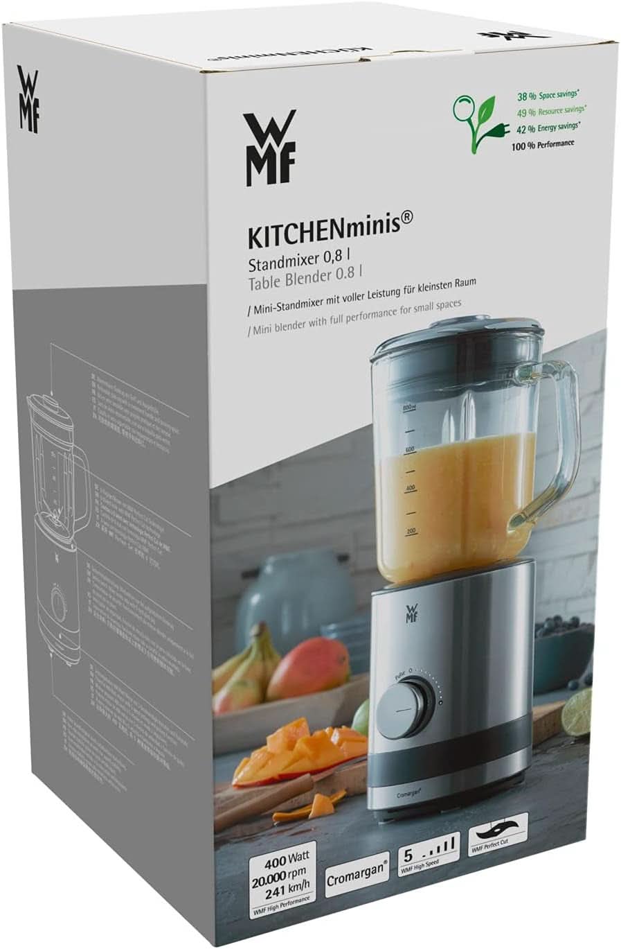 WMF Küchenminis Kompaktmixer, Mini Standmixer, 400 Watt, Standmixer Klein, Glasbehälter 0,8 L, Pulsstufe, Cromargan Matt Kitchen Naty Shop