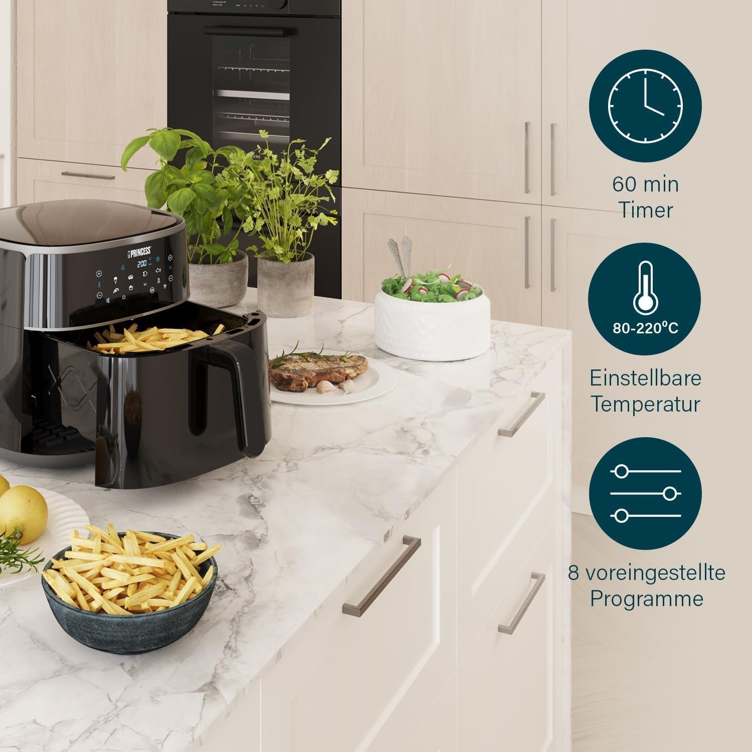 Princess Digital Heißluftfritteuse – Variable Schüsselkapazität – Maximal 8 Liter – 6 voreingestellte Programme. Haushaltsgeräte Naty Shop