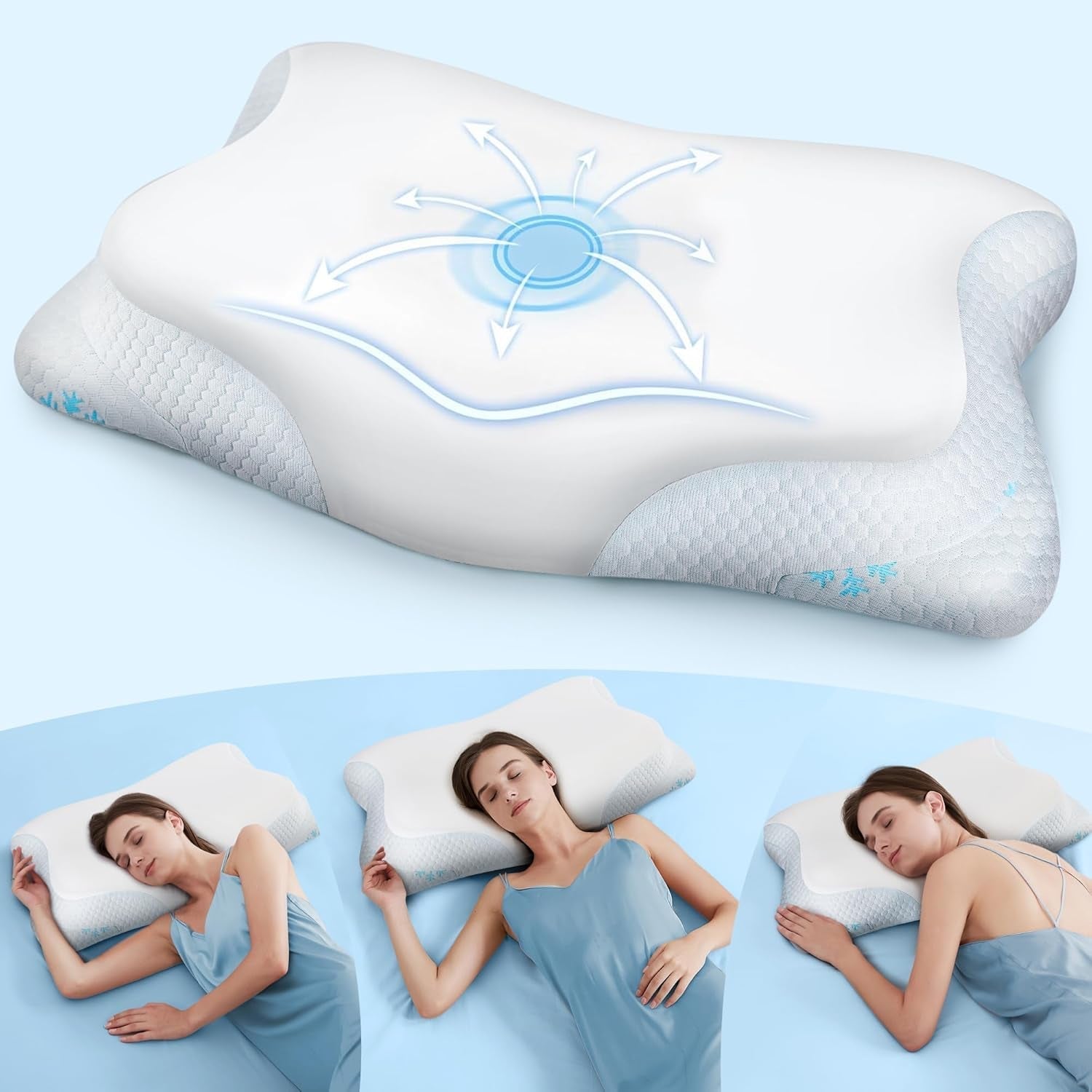 Cloudétoile Nackenkissen Memory-Schaum-Kissen – 2-in-1 ergonomisches orthopädisches Kissen Visco-Schaum-Kissen Seitenschläfer-Nackenstützkissen höhenverstellbares Memory-Schaum-Kissen Weiß 64 x 38 x 12 cm Zervikale orthopädische Kissen Naty Shop Weiß 64 x 38 x 12 cm
