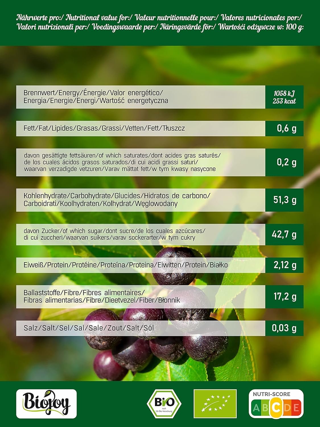 Biojoy Bio-Apfelbeerfrüchte (1 kg), getrocknet und ganz (Aronia melanocarpa) Dehydrierte Produkte Naty Shop
