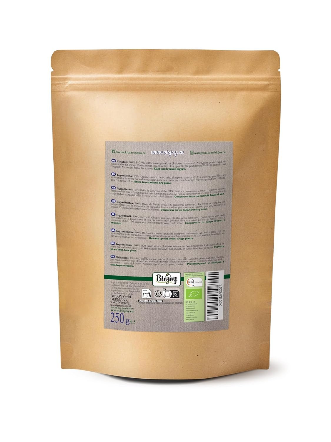 Biojoy Bio-Wacholderfrucht (250 g), getrocknet und ganz, ohne Zusatzstoffe (Juniperus communis) Dehydrierte Produkte Naty Shop