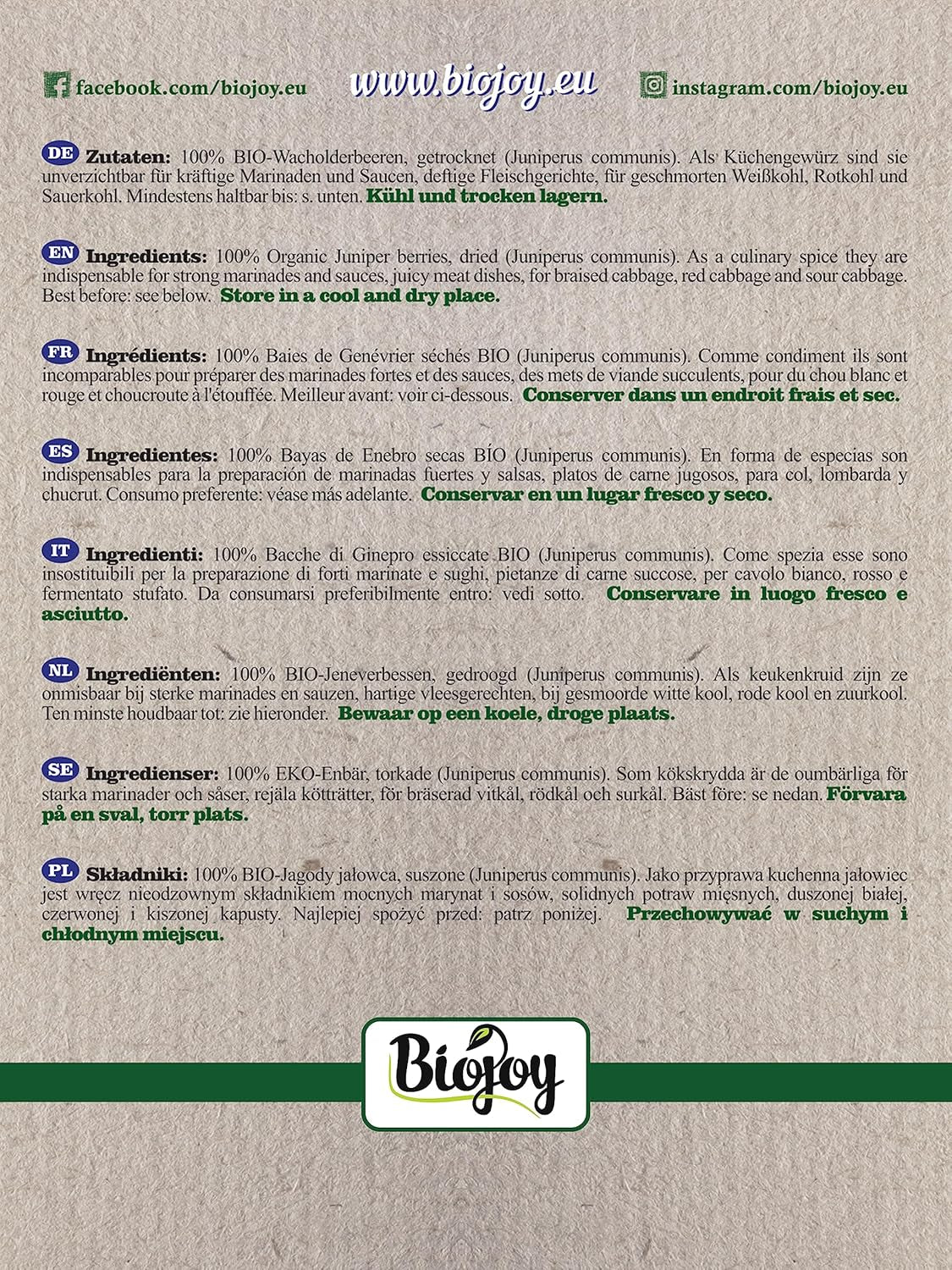 Biojoy Bio-Wacholderfrucht (250 g), getrocknet und ganz, ohne Zusatzstoffe (Juniperus communis) Dehydrierte Produkte Naty Shop