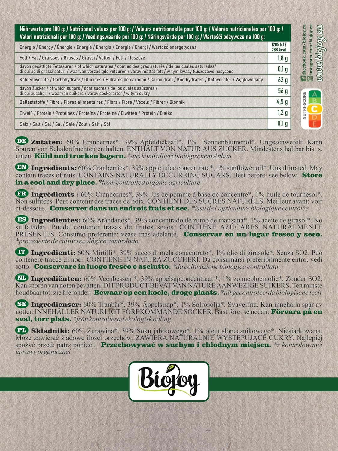 Biojoy getrocknete Bio-Cranberries (1 kg), mit Apfelsirup gesüßte Cranberries. Dehydrierte Produkte Naty Shop