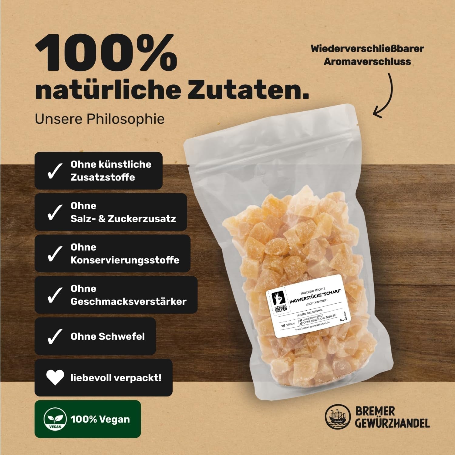 Bremer Gewürzhandel Ingwer, Trockenfruchtstücke gewürzt, aromatisch, würzig, ungeschwefelt, 1kg Dehydrierte Produkte Naty Shop