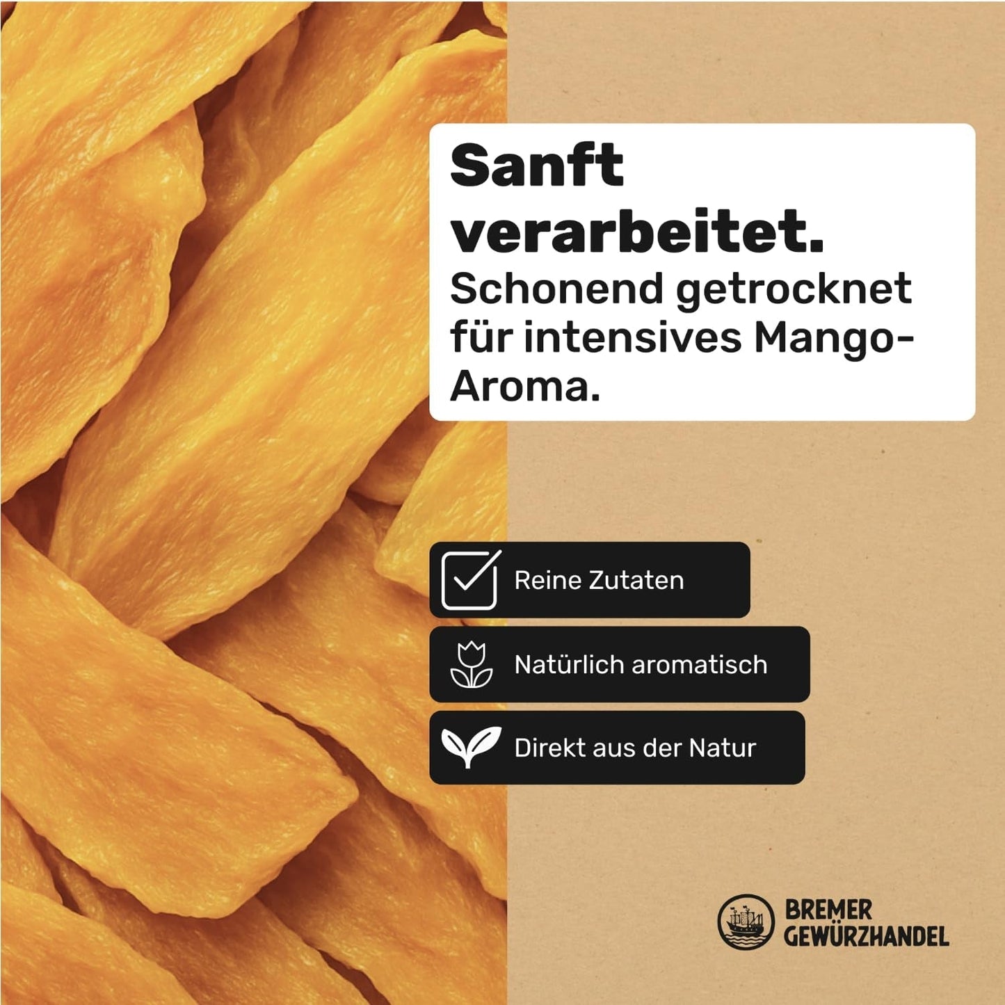 Bremer Gewürzhandel Mango, getrocknete Mangostreifen, ungeschwefelt, ohne Zuckerzusatz, 1kg Dehydrierte Produkte Naty Shop