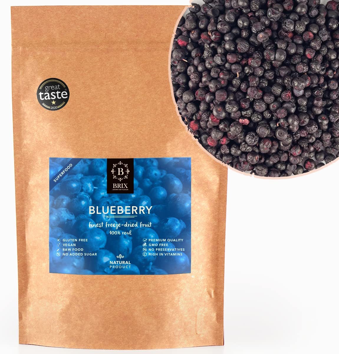 BRIX Gefriergetrocknete Blaubeeren | Natürliche Blaubeeren, getrocknet 95 g | Great Taste Award für getrocknete Cranberries | GVO-frei, glutenfrei, vegan, ohne Vitamine Naty Shop Dehydrierte Produkte Standardtitel