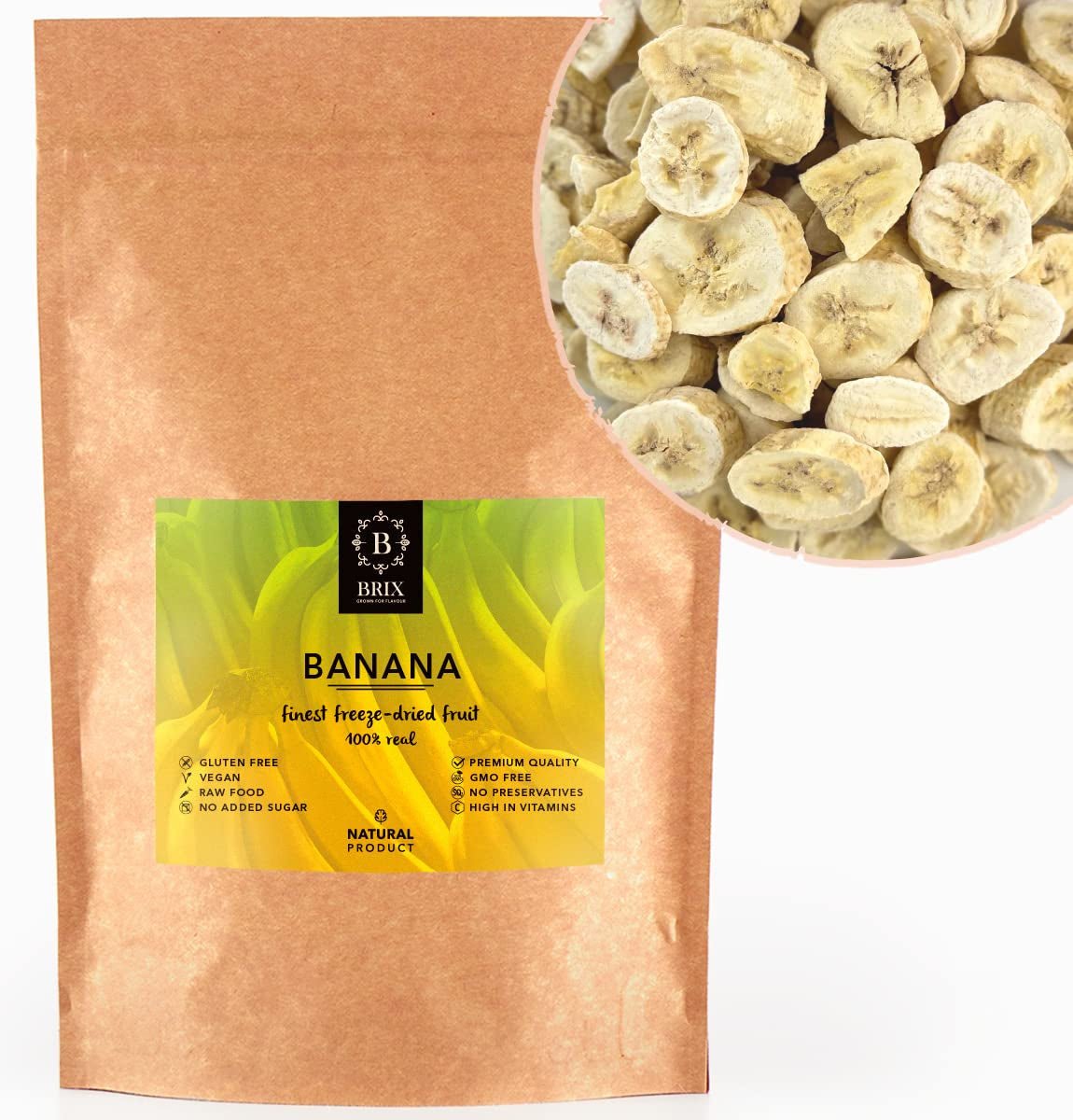 BRIX gefriergetrocknete Bananen | Natürliche Bananen, getrocknet 140 g | Great Taste Award für Trockenfrüchte, getrocknet | GVO-frei, glutenfrei, vegan, konservierte Vitamine Naty Shop Dehydrierte Produkte Standardtitel