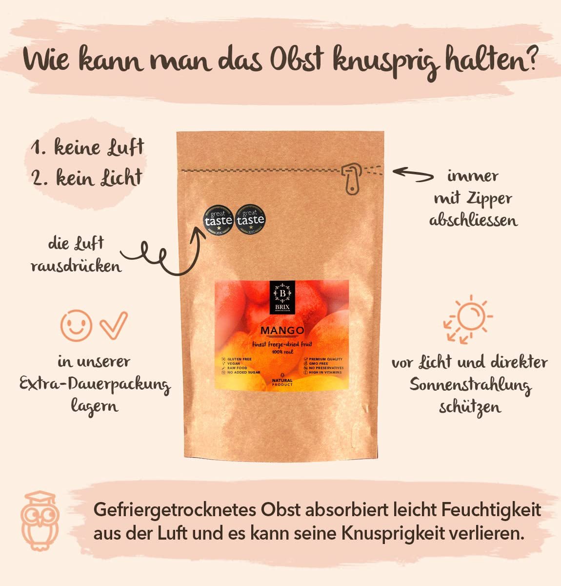BRIX Gefriergetrocknete Mango | Natürliche, getrocknete Mangoscheiben 95 g | Great Taste Award Trockenfrüchte, gefriergetrocknete Mango | GVO-frei, glutenfrei, vegan, ohne Vitamine. Naty Shop dehydrierte Produkte