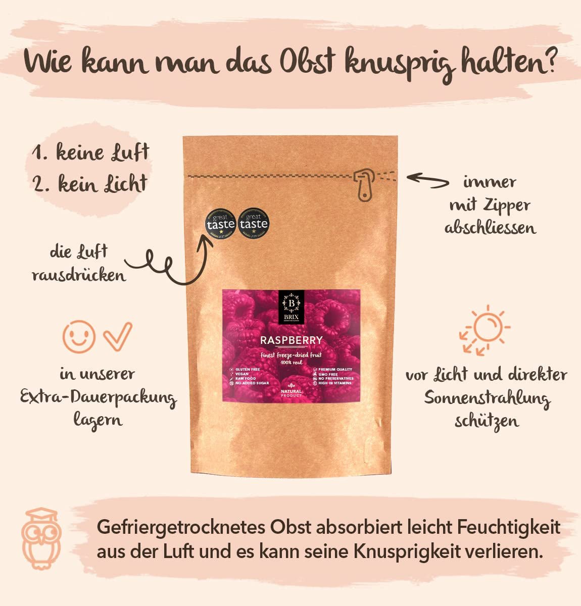 BRIX Getrocknete Himbeeren | Natürliche Himbeere, gefriergetrocknet 85 g | Great Taste Award für Trockenfrüchte | GVO-frei, glutenfrei, vegan, konservierte Vitamine Naty Shop dehydrierte Produkte