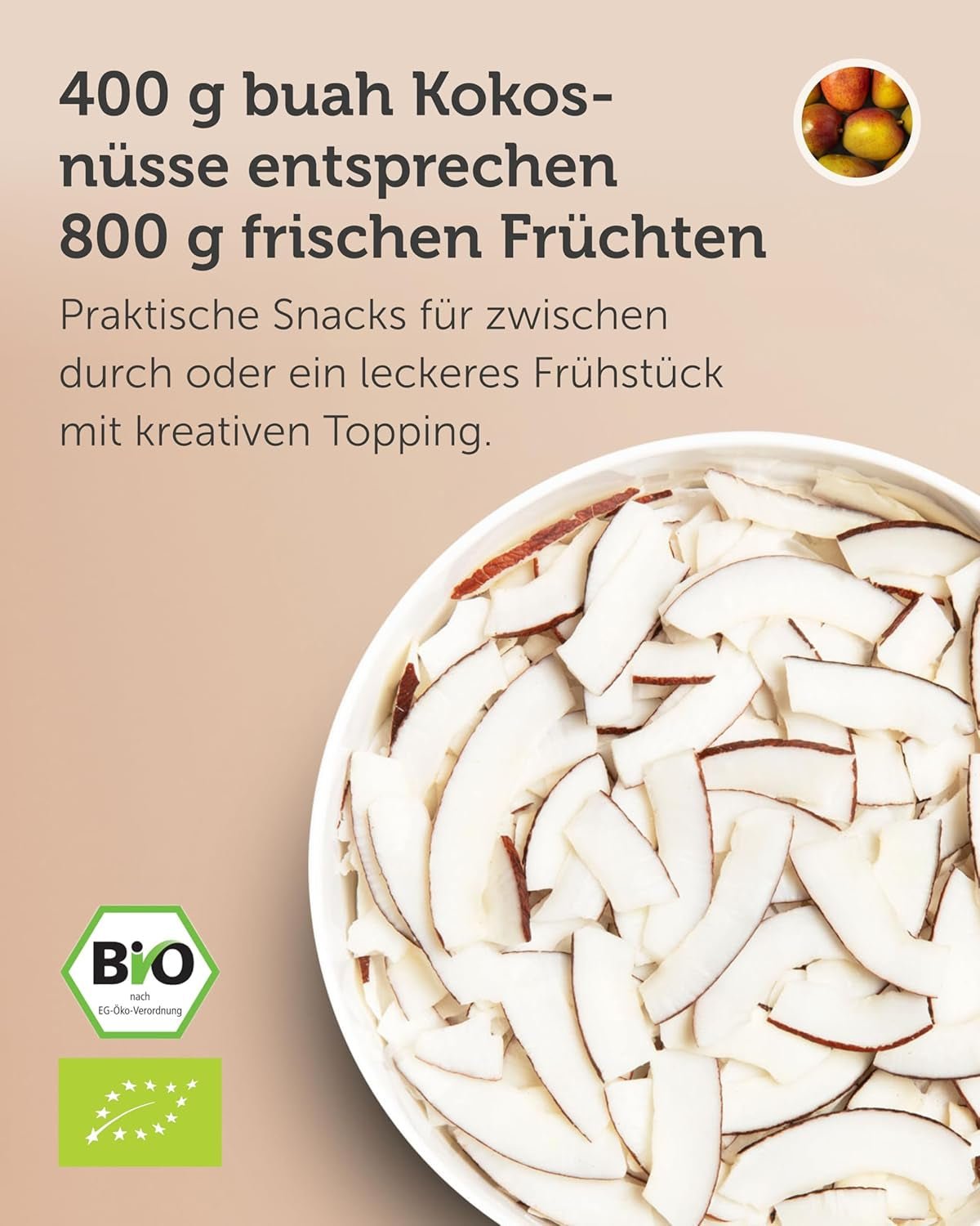 BUAH® getrocknete Kokosnusschips | Bio-Kokoschips, Snack, Müsli & Back-Kokoschips | Idealer Ersatz für Süßigkeiten | Vegan und ohne Zuckerzusatz | 400g dehydrierte Produkte von Naty Shop