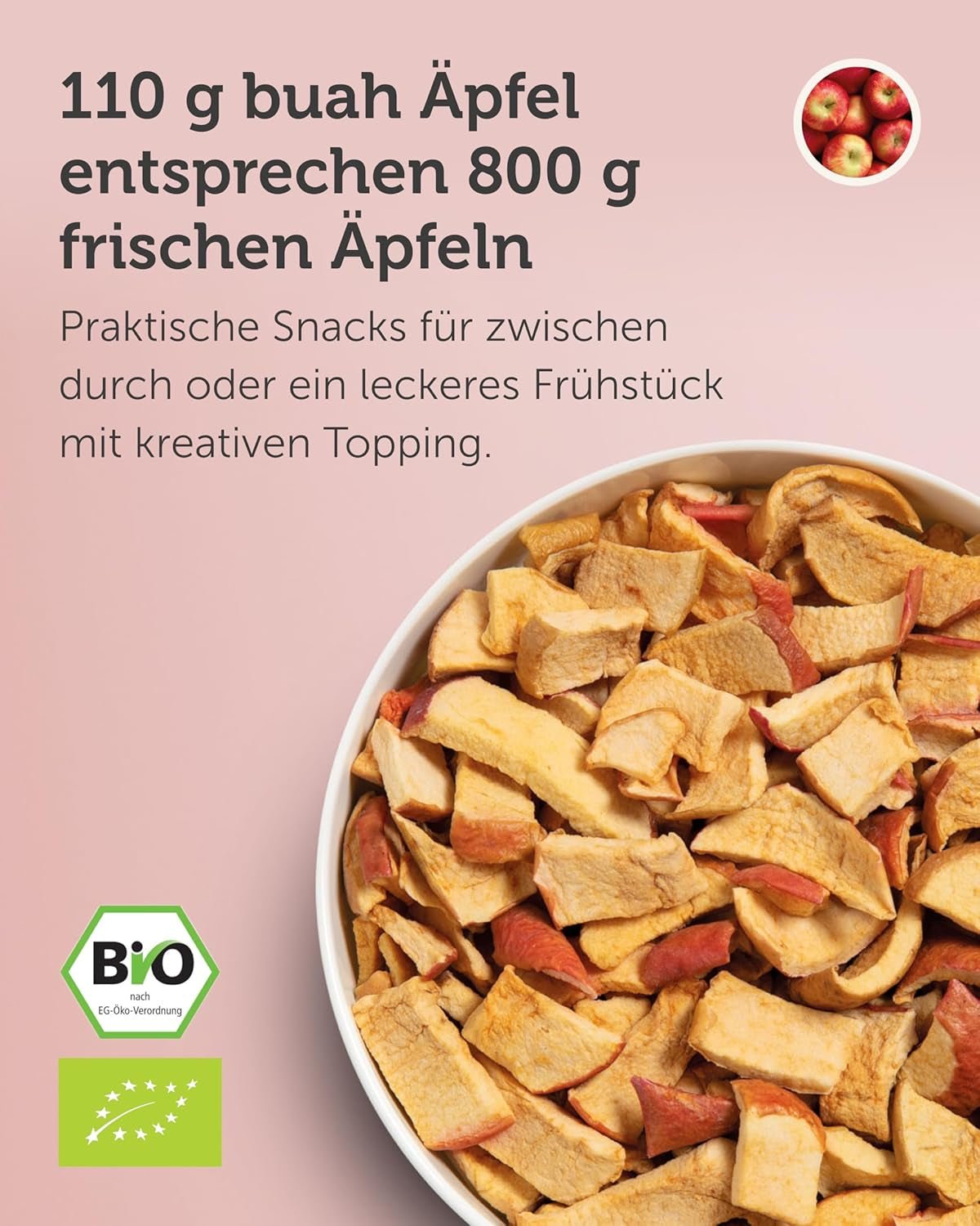BUAH® Bio gefriergetrocknete Äpfel | Gefriergetrocknete Bio-Äpfel ohne Zuckerzusatz | 100 % gefriergetrocknete Früchte (vegan, glutenfrei, laktosefrei) | Idealer Snack (110 g). Dehydrierte Produkte von Naty Shop