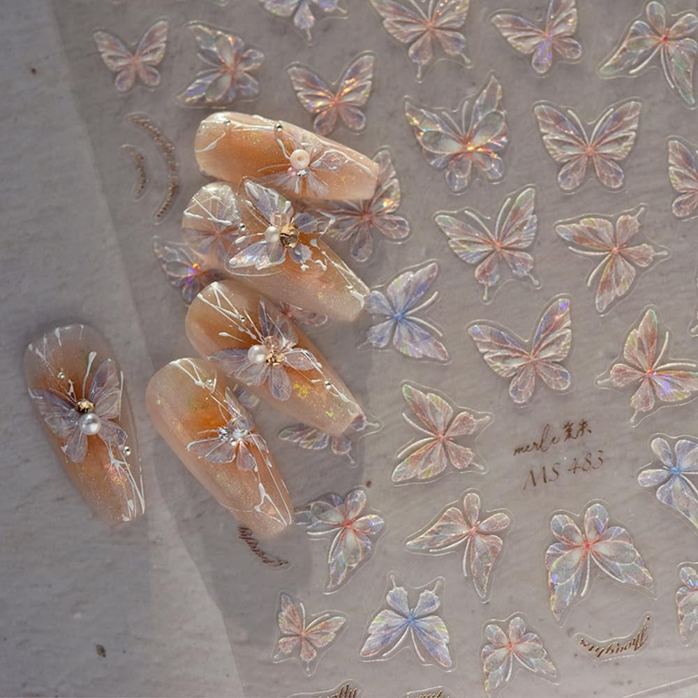 Aurora Shell Schmetterling Nagelsticker Selbstklebend,Erleichterung Schmetterlinge Nail Sticker Rosa Laser Schmetterling Nagelaufkleber Für Frauen Nageldesign Zubehör Nagel Zubehör Nail Art