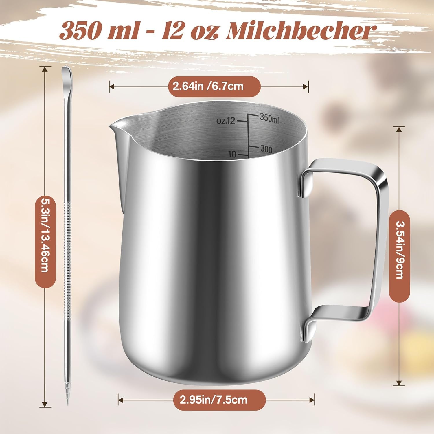 Milchbecher, 350 ml, Milchbecher aus Edelstahl mit Messmarkierung, Barista-Zubehör, Milchbecher für Cappuccino, Espresso, Latte Art, Kaffeeliebhaber, Silber, 355 ml