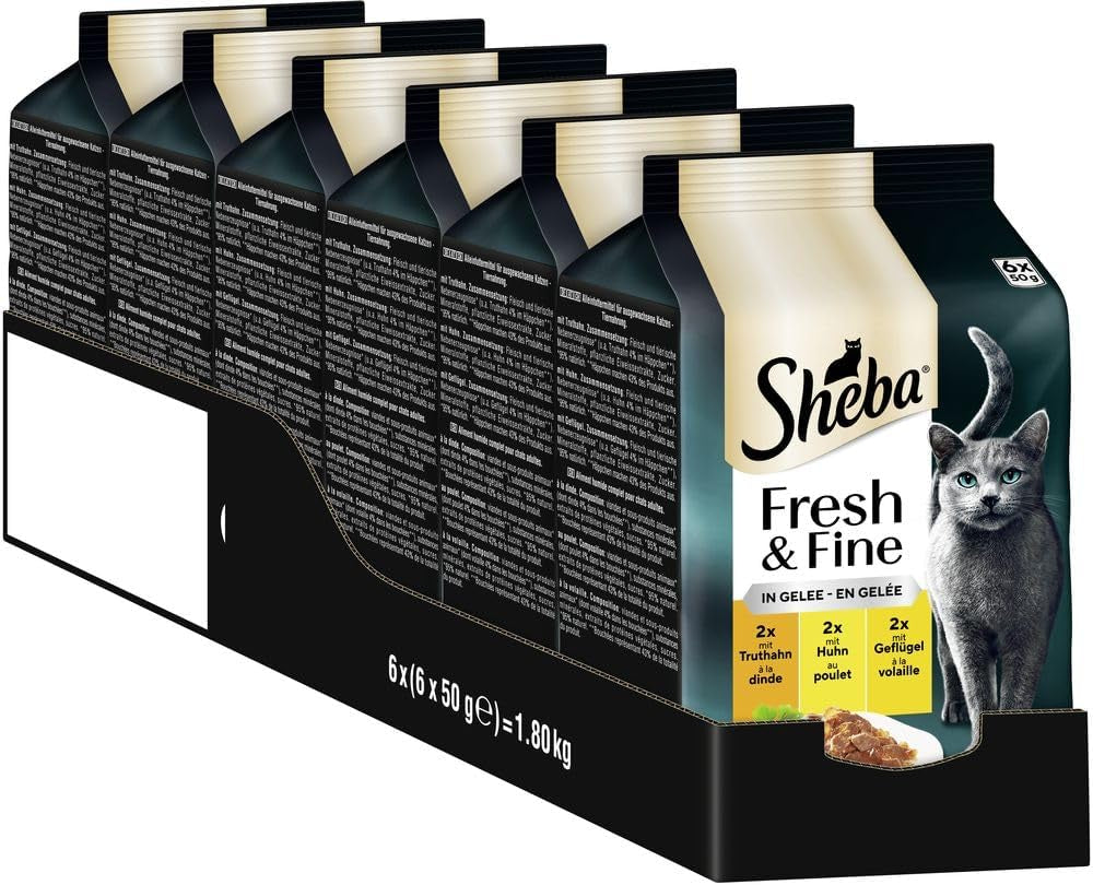 Sheba Portionsbeutel Nassfutter für Katzen, frisches und feines Truthahn- und Hühnergelee, Multipack, 6 x 6 x 50 g – hochwertiges Katzenfutter mit Truthahn und Hühnergelee