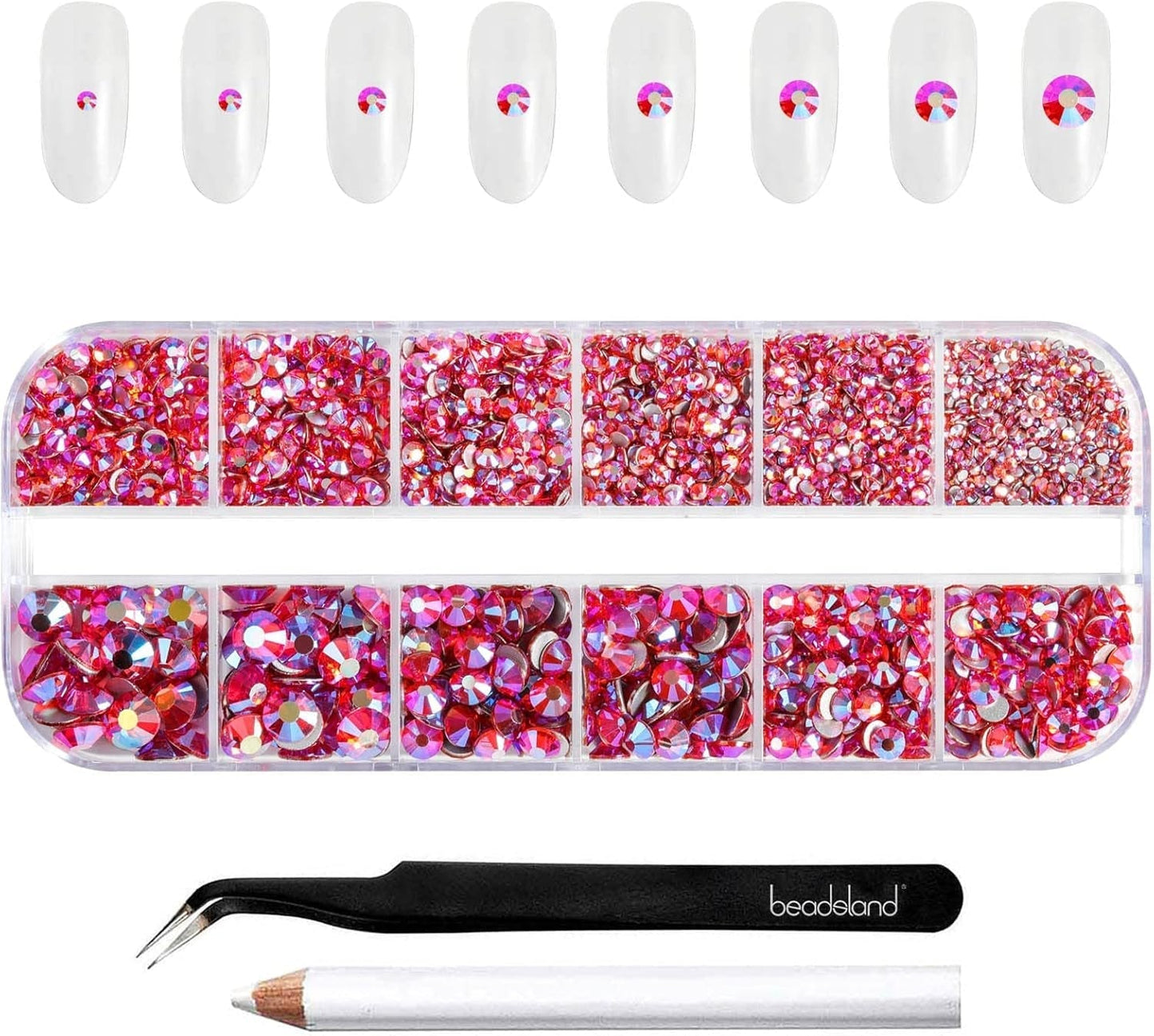 Beadsland 2500 Stück Glas Nailart Strasssteine ​​​​Kristall Flatback Edelsteine ​​​​Runde, ​​Für Handwerk Gemischt 8 Größen SS4 ~ SS30 Mit Picking Pinzette Und Stift (Kristall Weiß)
