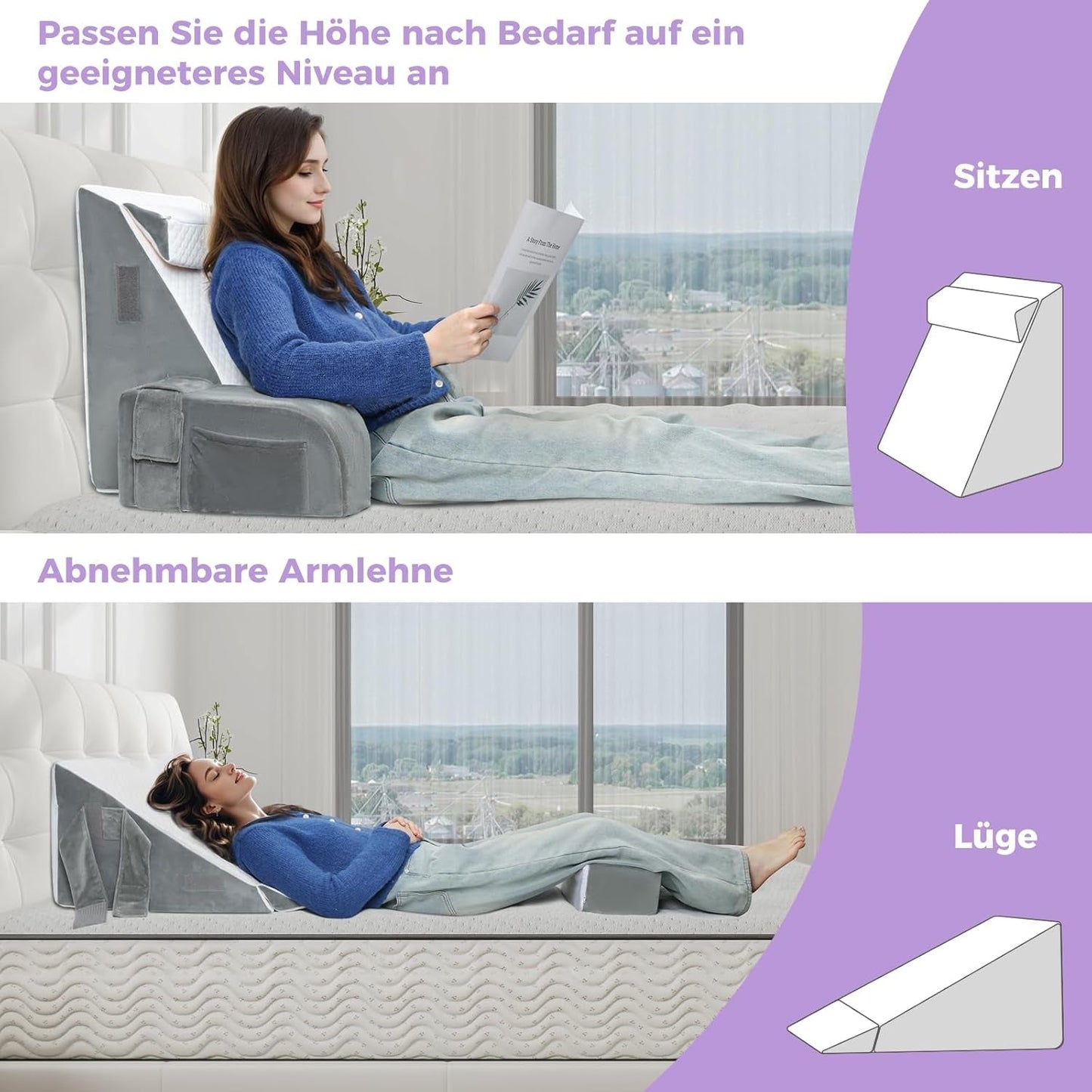 Großes Lesekissen mit Griffstange, hochdichtem Schaumstoff, ergonomischem Rückenkissen, Armlehnen, Nackenstütze und Kopfstütze, Liegesitzkissen zum Schlafen, Spielen, Fernsehen, für Bett und Sofa