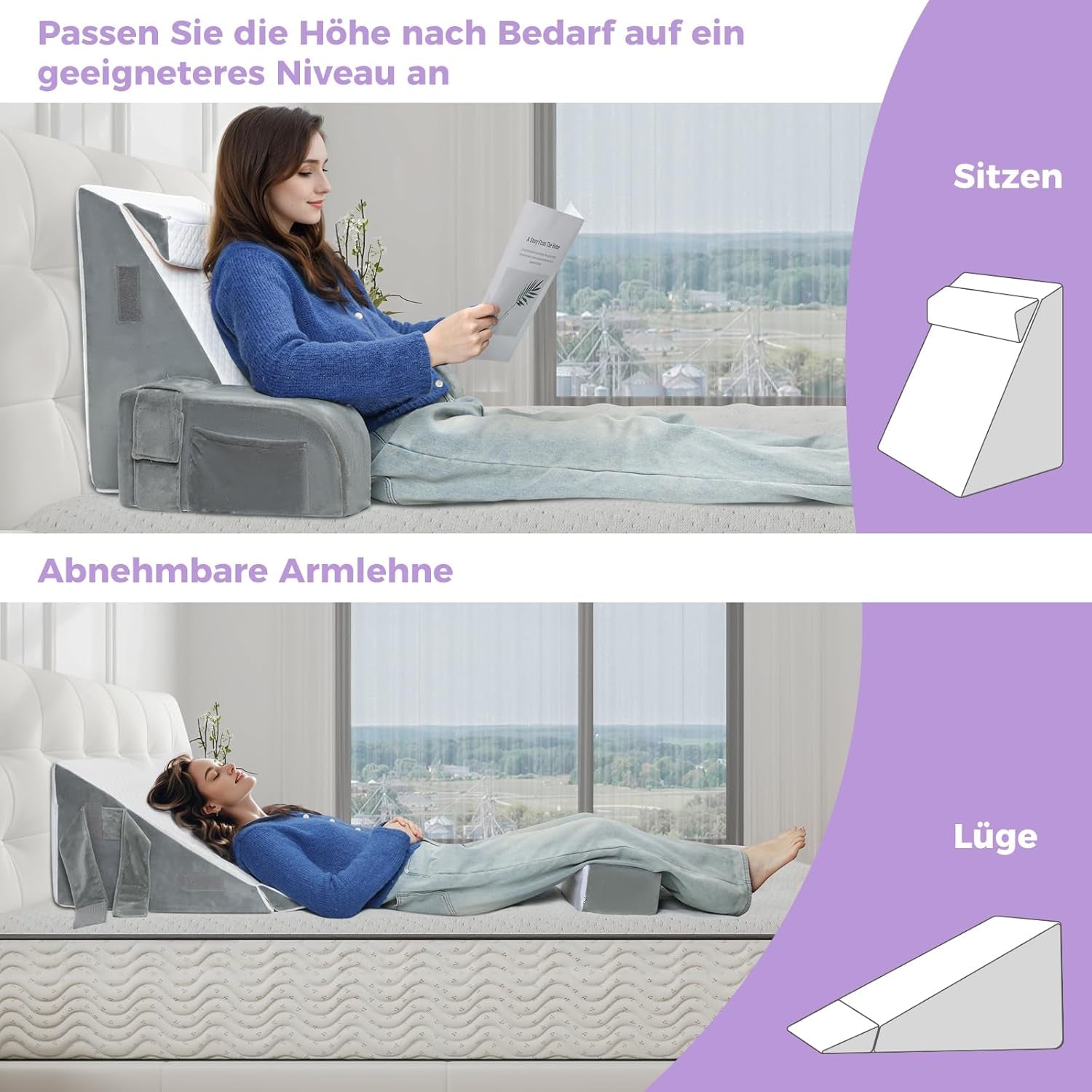 Großes Lesekissen mit Griffstange, hochdichtem Schaumstoff, ergonomischem Rückenkissen, Armlehnen, Nackenstütze und Kopfstütze, Liegesitzkissen zum Schlafen, Spielen, Fernsehen, für Bett und Sofa
