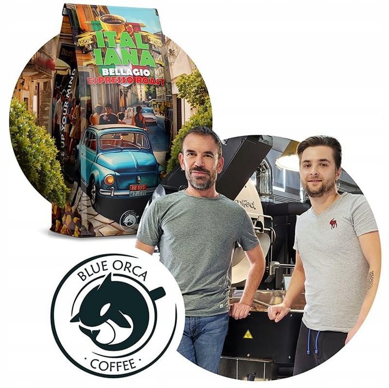 Geröstete Kaffeebohnen Italiana Bellagio 1kg | 80 % Arabica und 20 % Robusta | mit einem Hauch von Nüssen und dunkler Schokolade | frisch geröstet, säurearm | für Kaffeemaschinen | Blauer Orca-Kaffee