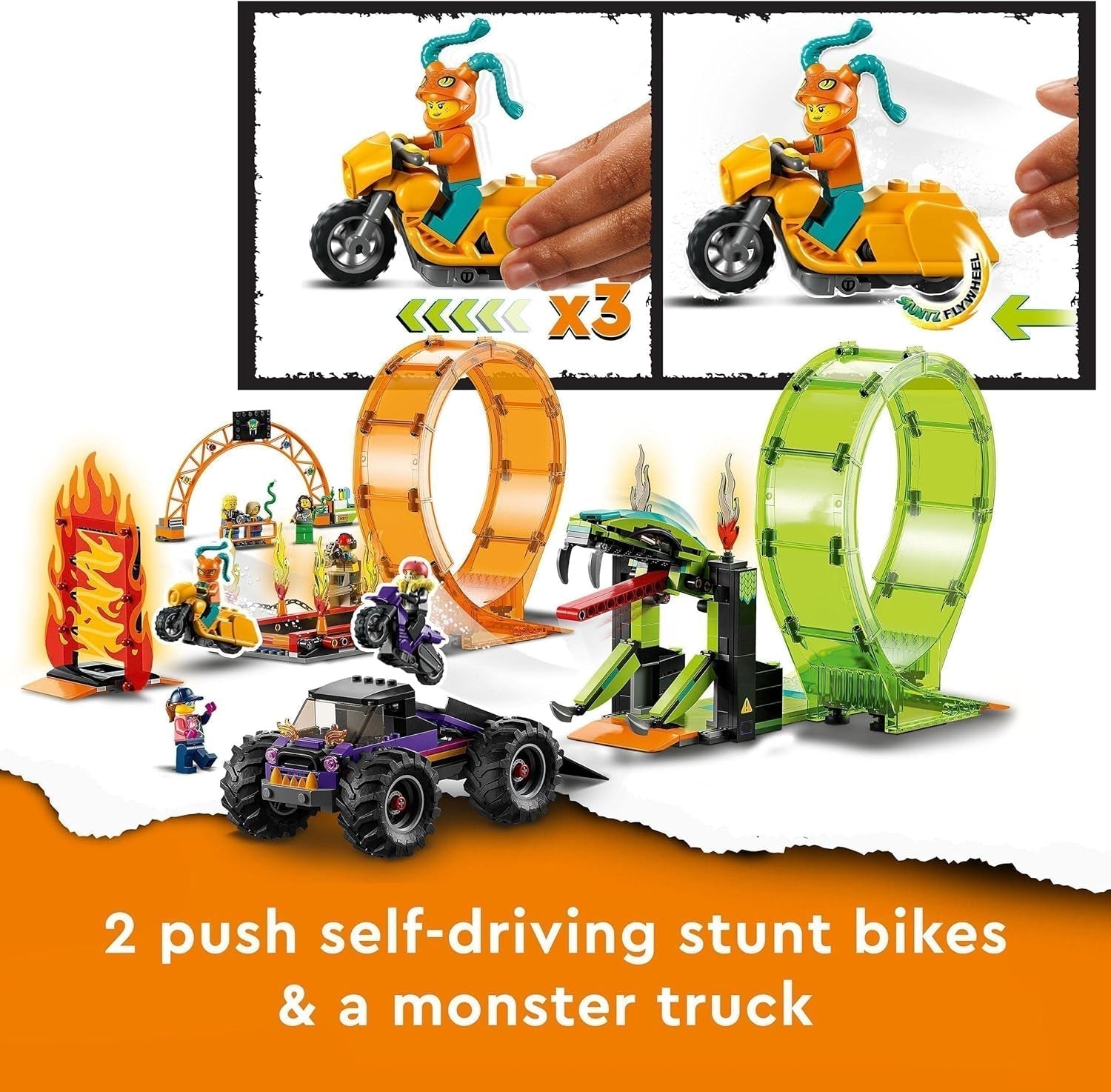 LEGO 60339 City Stuntz Stuntz Show Doppellooping-Set, inkl. Rampe, Monstertruck, 2X Motorrad und 7 Minifiguren, Spielzeug für Kinder ab 7 Jahren Bausets Besuche den LEGO-Store