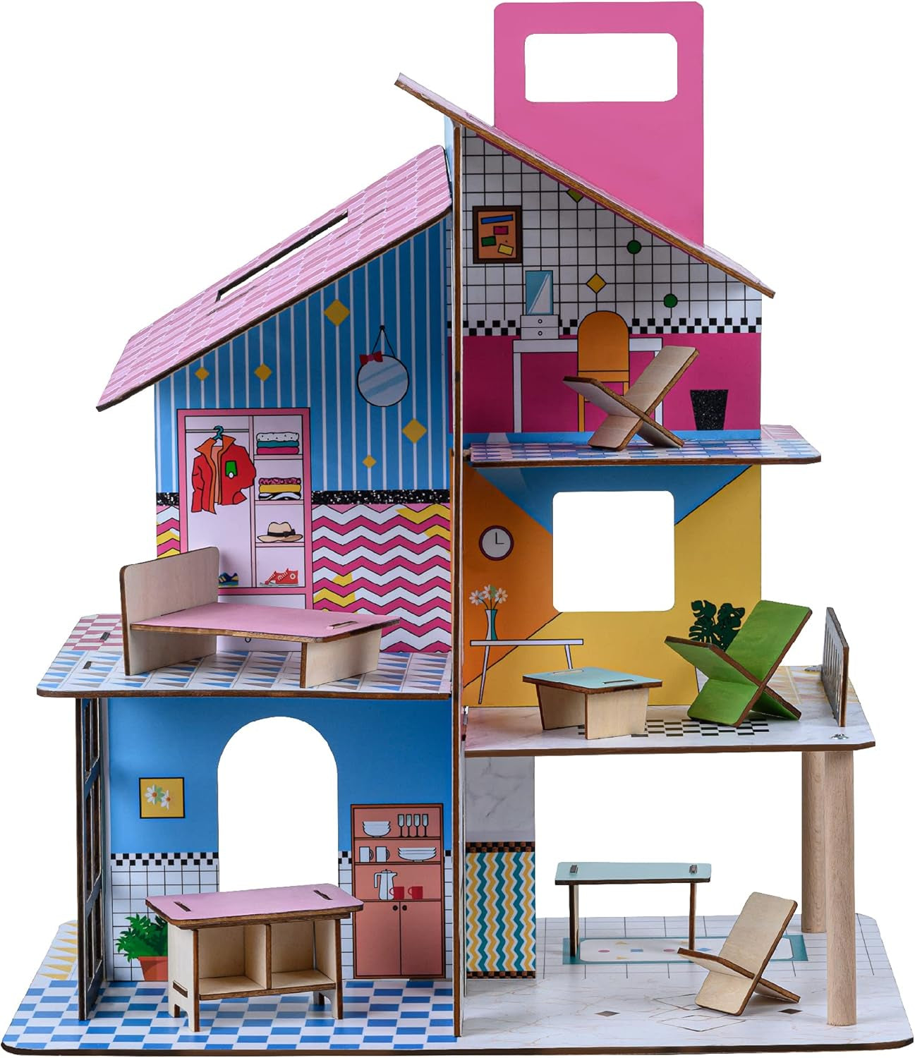 Olivia's Little World 360-Puppenhaus aus Holz für Kinder, 3,5-Zoll-Puppen und 12 Zubehörteile, mehrfarbig TD-13260C