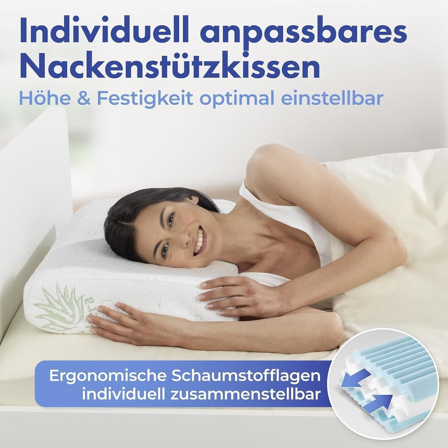 Maximex Visco-Nackenstützkissen, Atmungsaktives Stützkissen mit ergonomischer Schaumstofffüllung, Höhen- und höhenverstellbares Nackenstützkissen für einen erholsamen Schlaf, Mit Aloe Vera Naty Shop Standardkissen