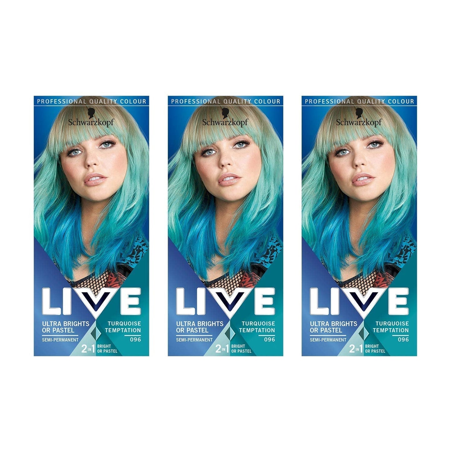 Live Ultra Bright oder Pastel Red Haarfärbemittel, 3 Stück, semipermanente Farbe, hält bis zu 15 Haarwäschen – 092 Pillar Box Red Haarfärbemittel, Naty Shop Temptation Türkis, 150 ml (1 Packung)