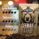 SEEBÄR KAFFEE - Extra starke Kaffeebohnen - 500g - Niedriger Säuregehalt und intensives Aroma - Ganze Bohnen für Kaffeevollautomaten, Espresso und French Press - Hoher Koffeingehalt und niedriger Säuregehalt