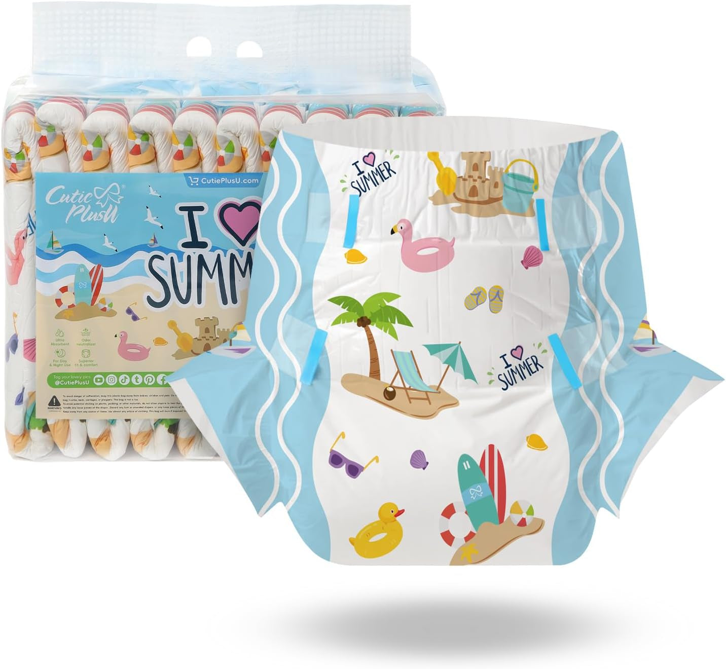 CutiePlusU Erwachsenenwindeln, 10er-Pack, Einweg-Blattwindeln für Damen und Herren, maximale Saugfähigkeit über Nacht – I Love Summer (mittlere Größe 71–96 cm)