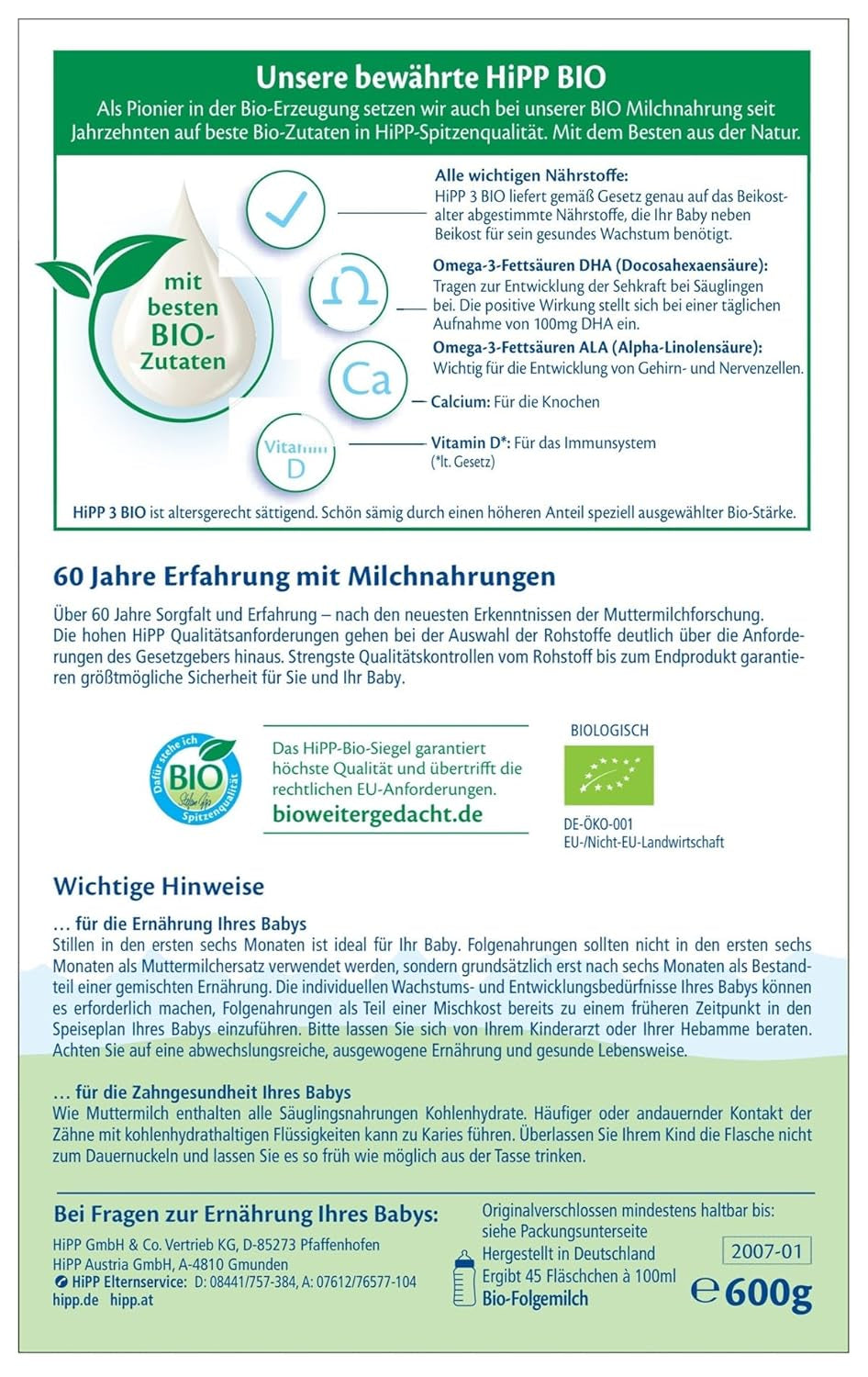 HiPP 3 Bio-Folgemilch (4 x 600g) – nach 10 Monaten, mit Omega-3 (DHA, ALA), Calcium, Vitamin D, in bester Bio-Qualität