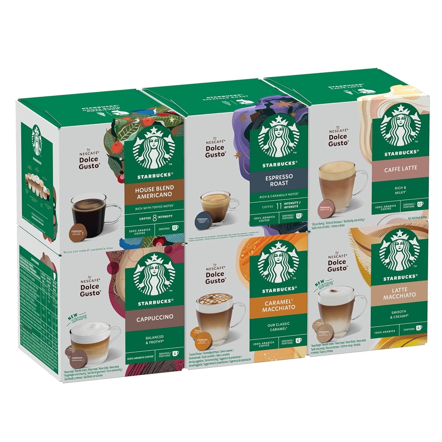STARBUCKS Probierset, Mixed Cup Variety Pack von Nescafé Dolce Gusto Kaffeekapseln 6 x 12 (72 Kapseln) – Exklusiv bei Amazon