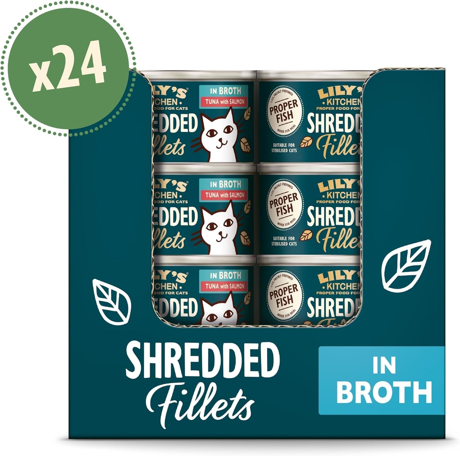 Gehackte Filets in Brühe mit Thunfisch und Lachs, zubereitet mit natürlichen Zutaten, Lily's Kitchen, Nassfutter für ausgewachsene Katzen, 70g-Box