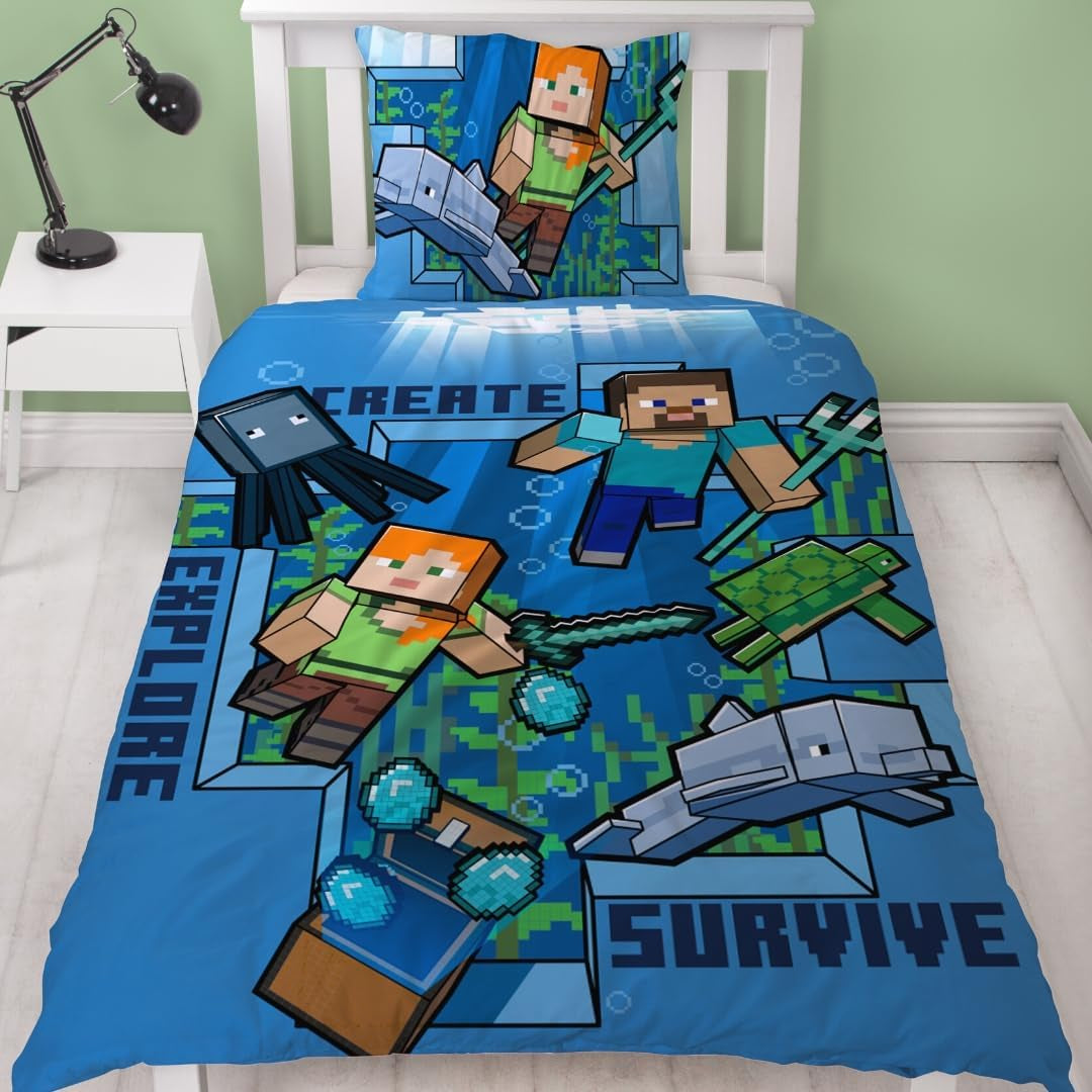 Minecraft Kinderbettwäsche Jugendbettwäsche 135X200 · Unterwasserwelt · Wende Motiv · Kissenbezug 80X80 + Bettwäsche Bettbezug 135X200 Cm · 100% Baumwolle · Deutsche Größe Naty Shop Default Title
