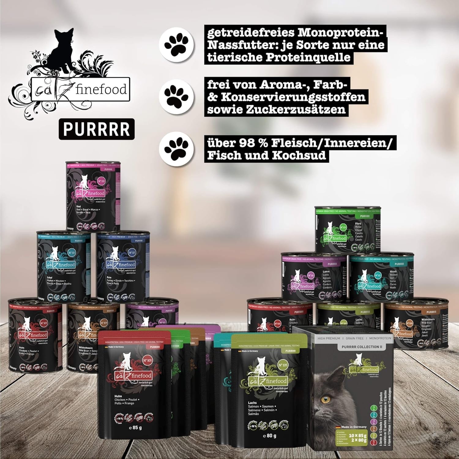 Nassfutter für Katzen Catz Finefood Purrrr mit Monoprotein und Lachs Nr. 105, für Katzen mit empfindlicher Verdauung, 16 x 80 g