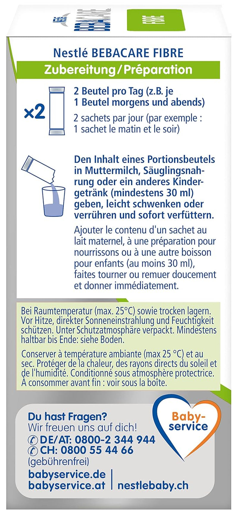 BEBACARE FIBER glutenfreies Nahrungsergänzungsmittel für eine schonende Verdauung, Nahrungsergänzungsmittel für Babys ab der Geburt und Kleinkinder, 1x (20 x 2,2g)