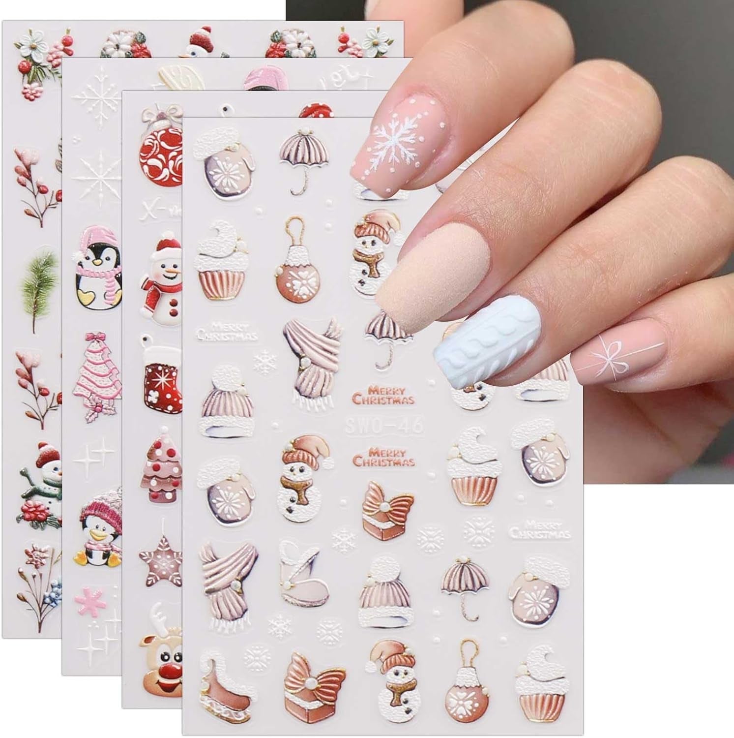 JMEOWIO Nagelsticker Weihnachten 6 Blatt Nail Art Sticker Selbstklebend Nagelaufkleber Schneeflocke Winterurlaub Niedliche Dekoration Nageldesign Zubehör
