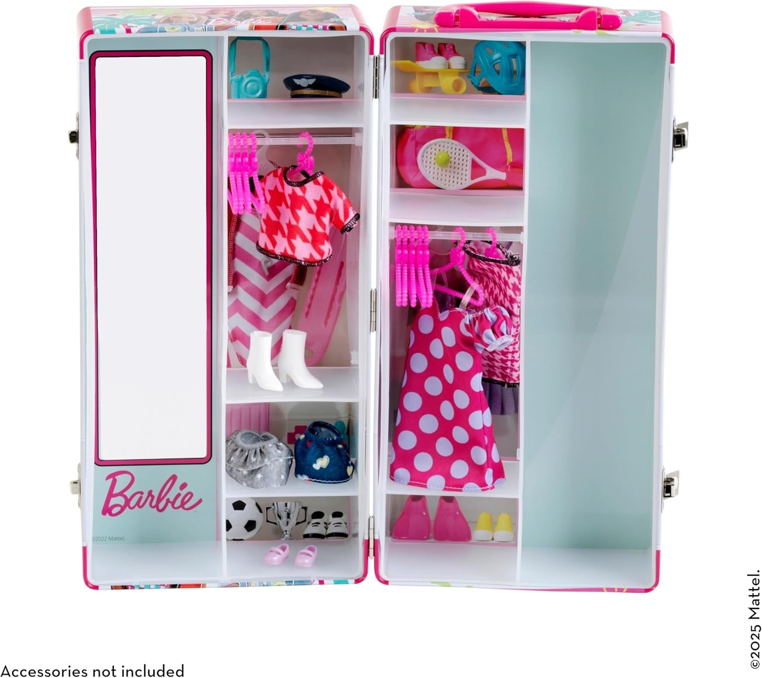 Theo Klein 5801 Barbie-Kleiderschrank mit Kleiderstangen und Fächern, Spielzeug für Kinder ab 3 Jahren, inklusive Zubehör, mehrfarbig