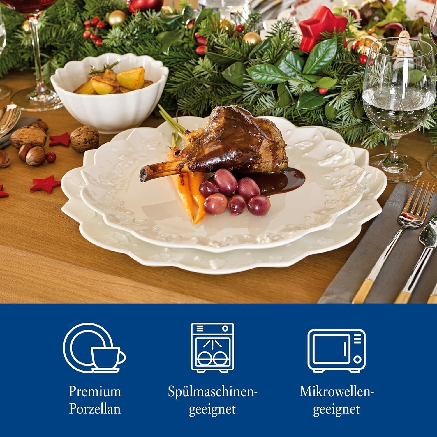 Villeroy & Boch Toy's Delight Royal Classic 12-teiliges Geschirrset, spülmaschinen- und mikrowellengeeignet, weiß, Teller, 4-Personen-Geschirrset, Weihnachtsgeschirr, Spielzeug, Premium-Porzellan