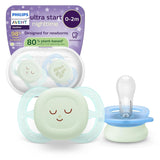Philips AVENT Ultra Start Nachtschnuller, kieferorthopädischer Schnuller für Neugeborene, leuchtet im Dunkeln, BPA-frei, mit Sterilisationsbehälter, Doppelpack, Mond, Stern, SCF075/07
