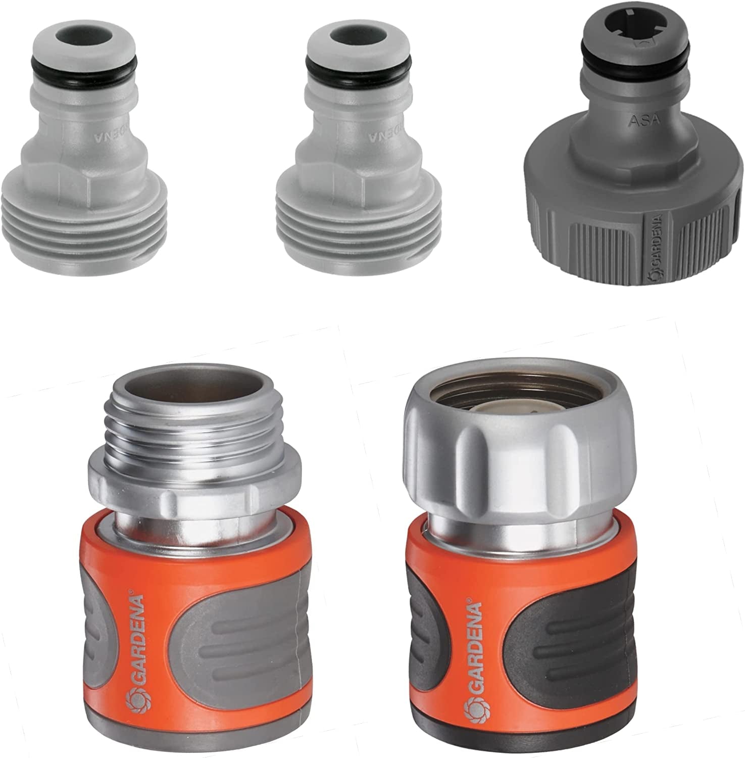 Gardena 39042-M Metall-Schnellkupplungs-Starterset für Gartenschläuche, Schnellkupplungen und Zubehör in Sekundenschnelle, 4-teilig, inklusive auslaufsicherer Adapter für Stecker und Steckdose