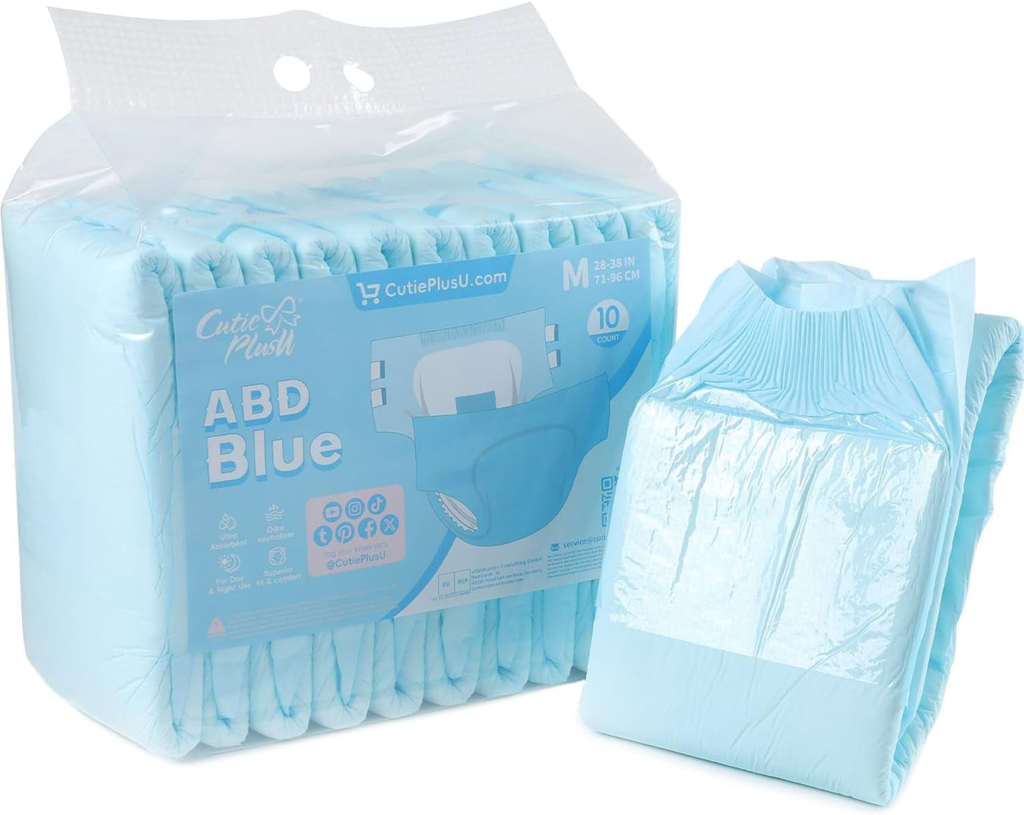 CutiePlusU Windeln für Erwachsene, 10er-Pack Einweg-Inkontinenzhöschen mit Schlaufen für Damen und Herren, maximale Saugfähigkeit über Nacht – Blau (große Größe 94–119 cm)