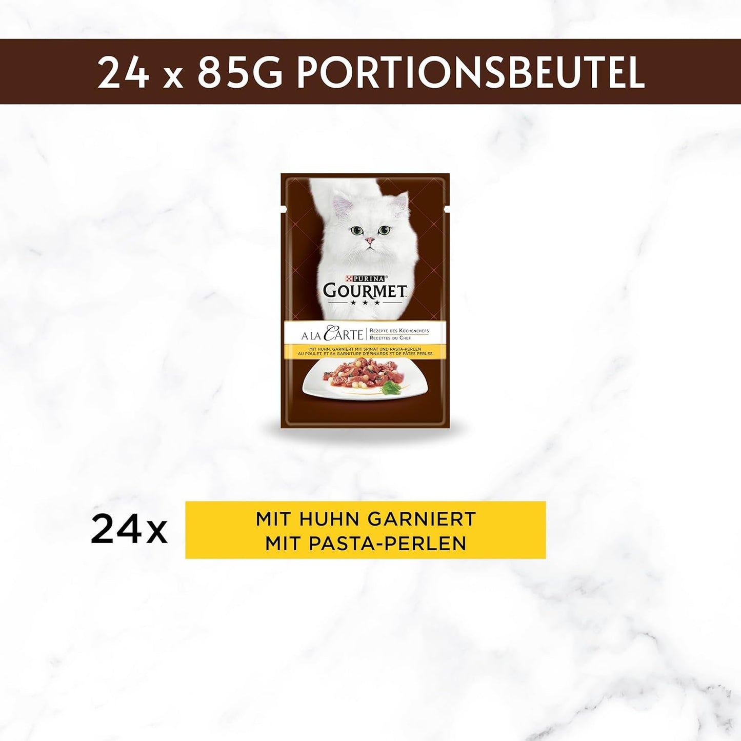 Gourmet A la Carte Nassfutter für Katzen mit Huhn, Spinat und Pasta-Perlen, 26er-Pack (26 x 85 g)