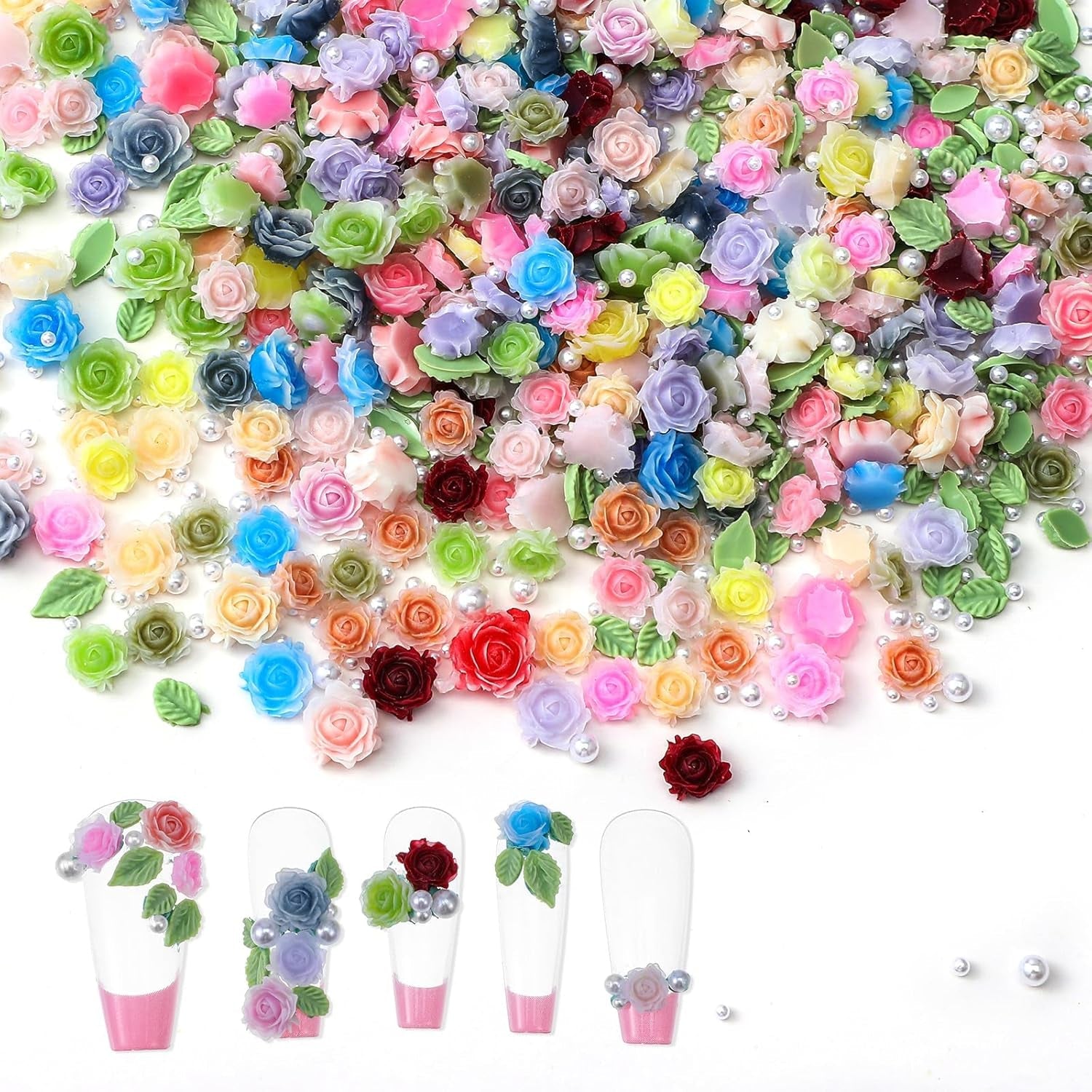 300 Stück Niedliche Blume Nail Charms, 3D Resin Floral Camelie Rose Nägel Charms Mit Perle, Gemischte Größe Bunte Flower Nägel Deko Für Frauen Nail Art Zubehör