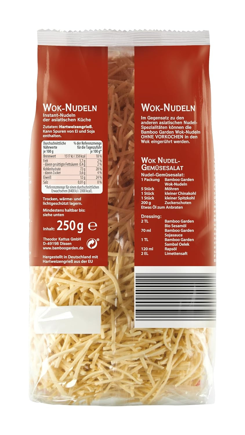 Bamboo Garden - Wok-Nudeln | Instantnudeln mit Ei | Mischen, kein Vorkochen erforderlich | Für asiatische Wok-Gerichte | 250 g im Beutel