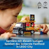 LEGO City Burger Truck Bauset mit Spielzeugauto für 5-Jährige, Imbisswagen-Minifigur und Zubehör, lustiges Geschenk für Jungen und Mädchen 60404 Bausets Besuchen Sie den LEGO-Store