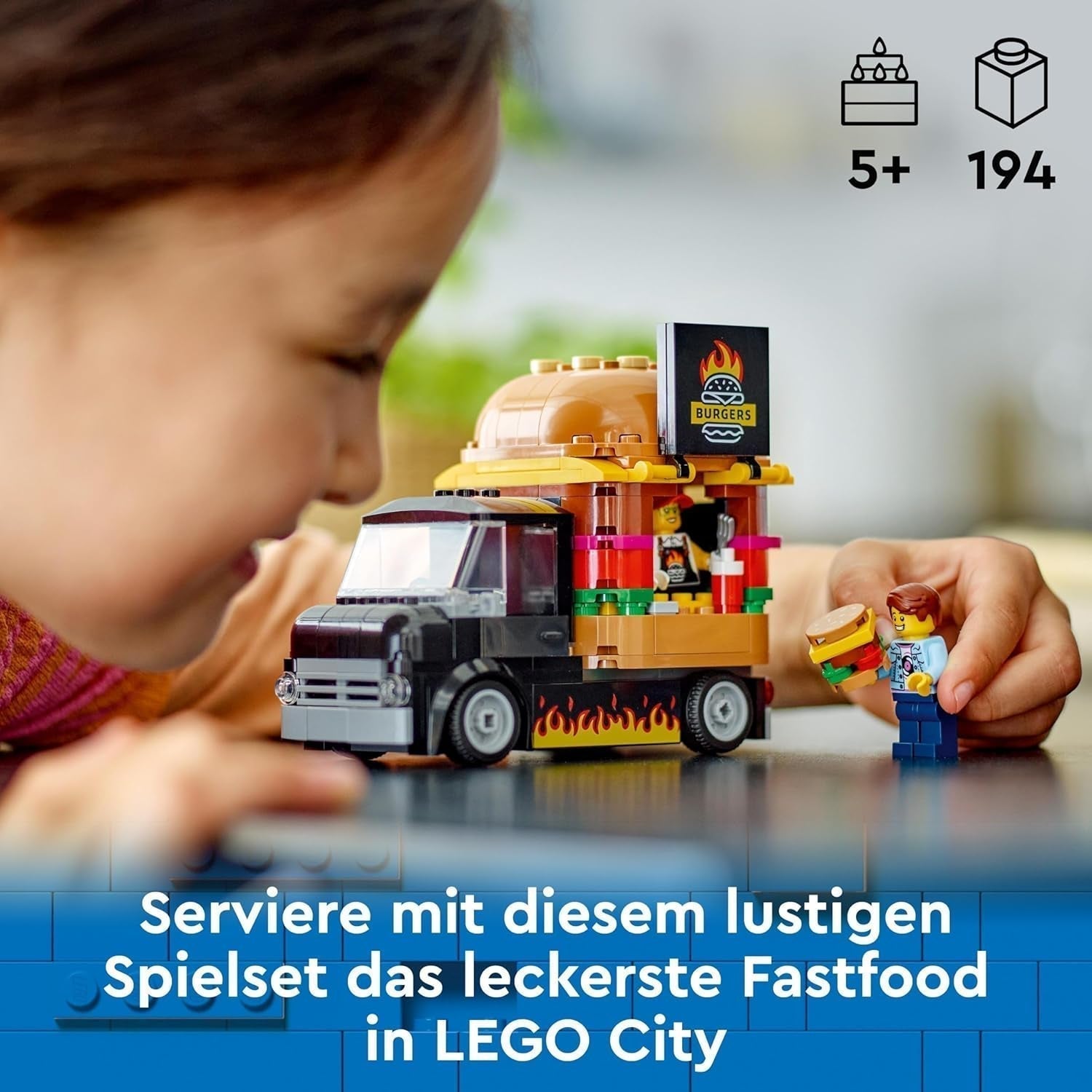 LEGO City Burger Truck Bauset mit Spielzeugauto für 5-Jährige, Imbisswagen-Minifigur und Zubehör, lustiges Geschenk für Jungen und Mädchen 60404 Bausets Besuchen Sie den LEGO-Store