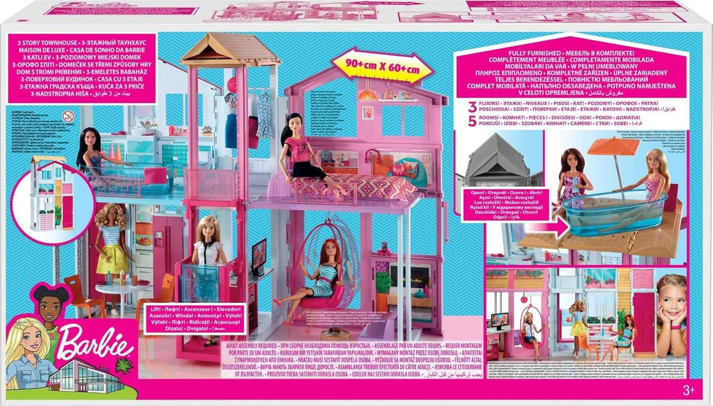 Barbie Dream House, 3-stöckiges Stadthaus mit 5 Zimmern, inklusive Zubehör wie Möbeln, faltbar und Aufbewahrung, Spielzeug für Kinder ab 3 Jahren, DLY32