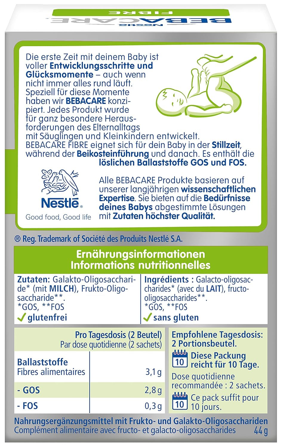 BEBACARE FIBER glutenfreies Nahrungsergänzungsmittel für eine schonende Verdauung, Nahrungsergänzungsmittel für Babys ab der Geburt und Kleinkinder, 1x (20 x 2,2g)